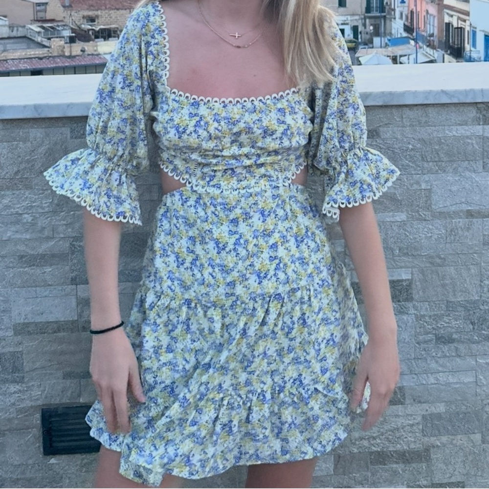 Luxxel Yellow and Blue Floral Midi Dress with Square Neck